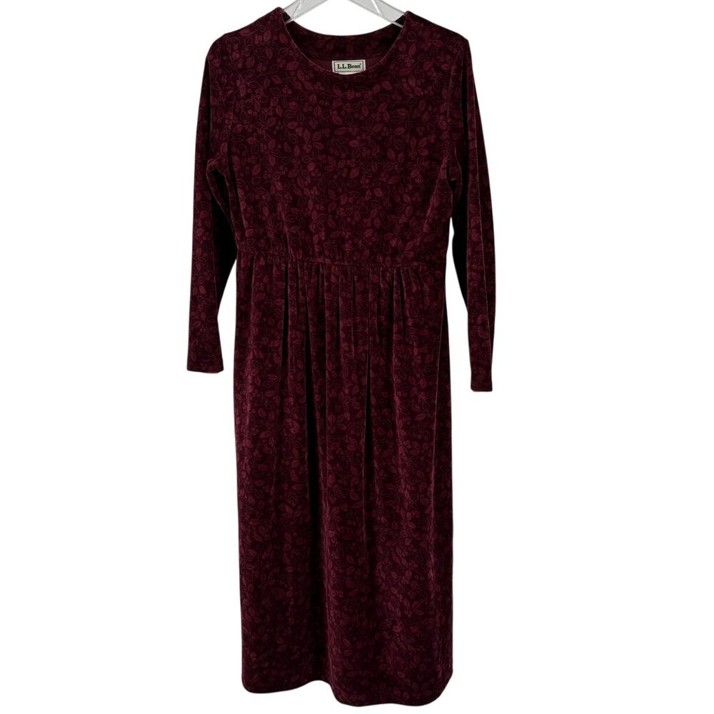 Vintage LL Bean Dress Womens 8 Petite Maroon Floral Velvet Velour Made Canada